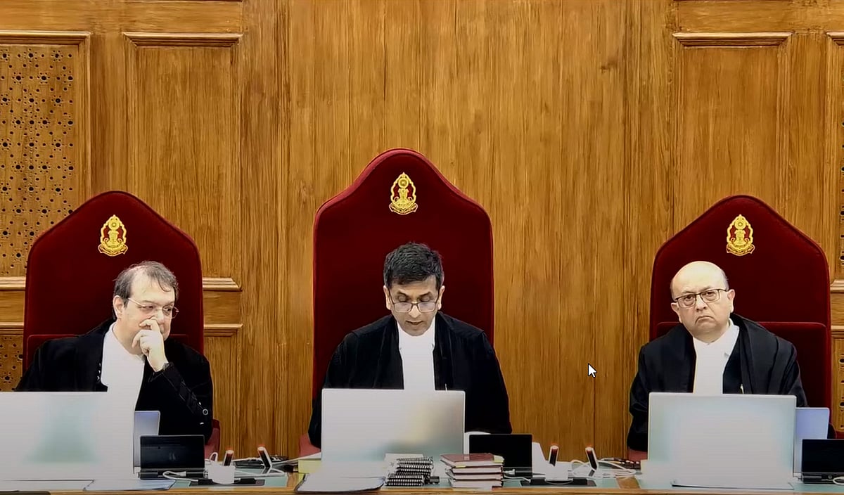 A bench comprising Chief Justice of India (CJI) D.Y. Chandrachud, Justice J.B. Pardiwala and Justice Manoj Misra during hearing on a suo moto case related to the alleged sexual assault and murder of a postgraduate trainee doctor in Kolkata, at the Supreme Court in New Delhi, Tuesday, Aug. 20, 2024.  - PTI